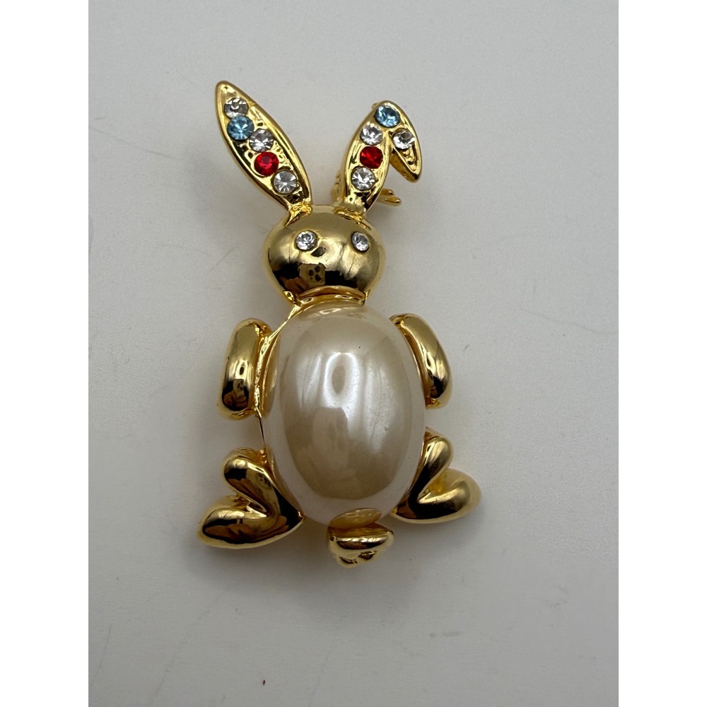 Vintage Gold Tone Faux Pearl Rhinestone Bunny Rabbit Brooch Pin